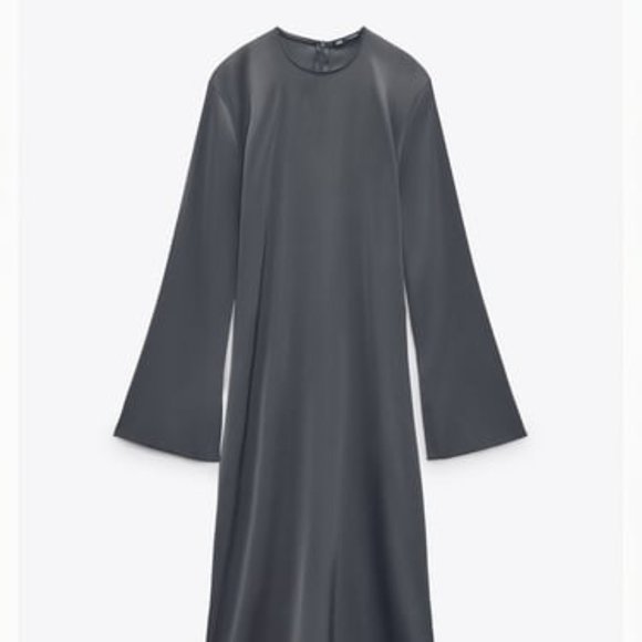 NWT SATIN Effect DARK CHARCOAL GRAY Long Sleeve Midi Dress - Picture 6 of 12